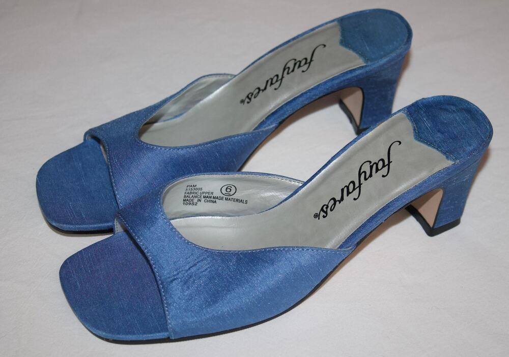 Fanfares Pam Blue Satin Block Heel Slide Sandals Size 6